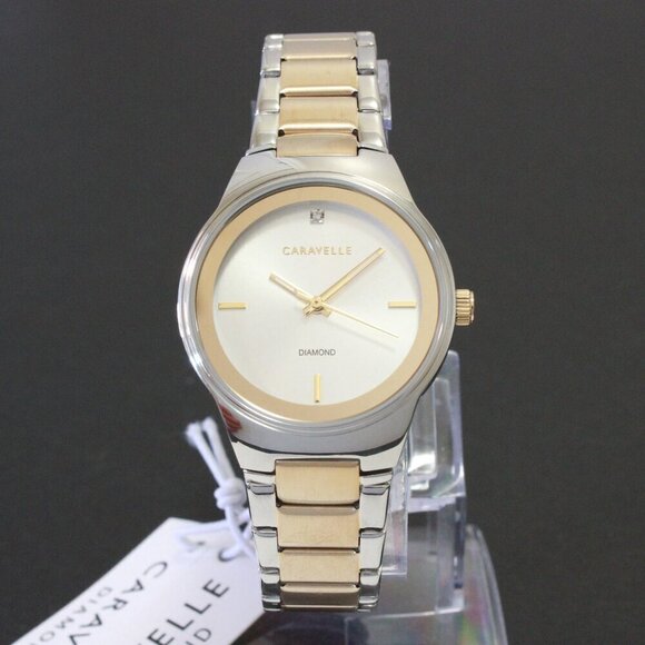 Caravelle Ladies Modern Design Watch By Bulova Diamond At 12 Silver - Gold Tone - Picture 3 of 12